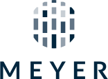 Logo for Meyer. Abstract geometric shape of vertical blue rectangles over the word 