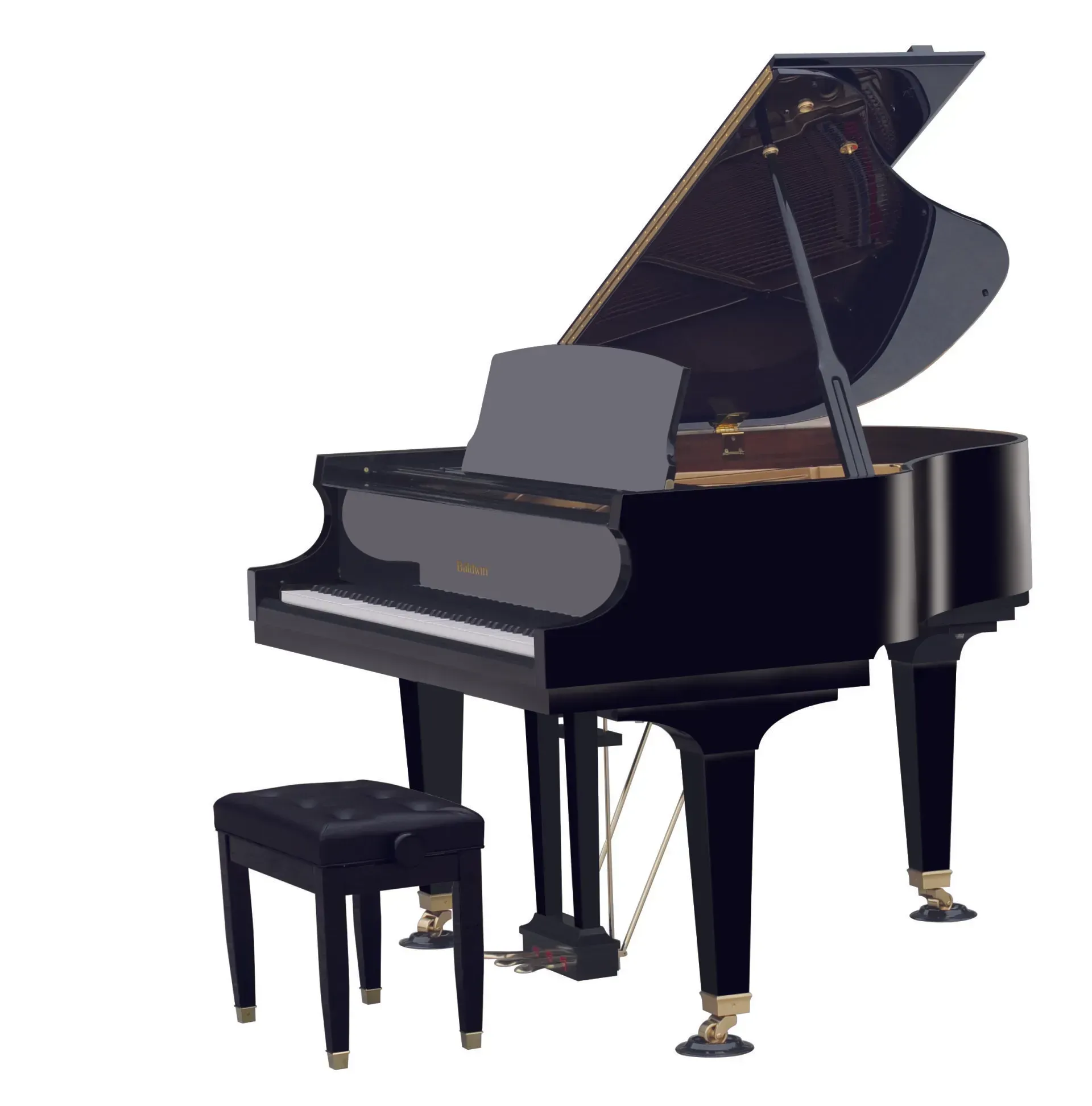 A black grand piano with the lid open and a stool next to it