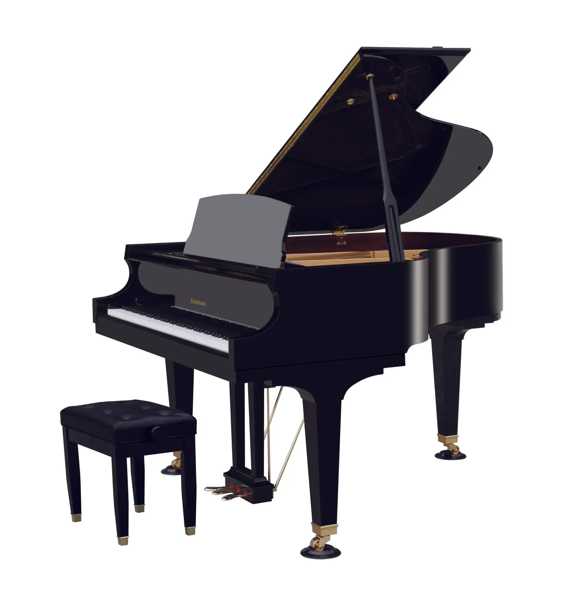 A black grand piano with a stool next to it