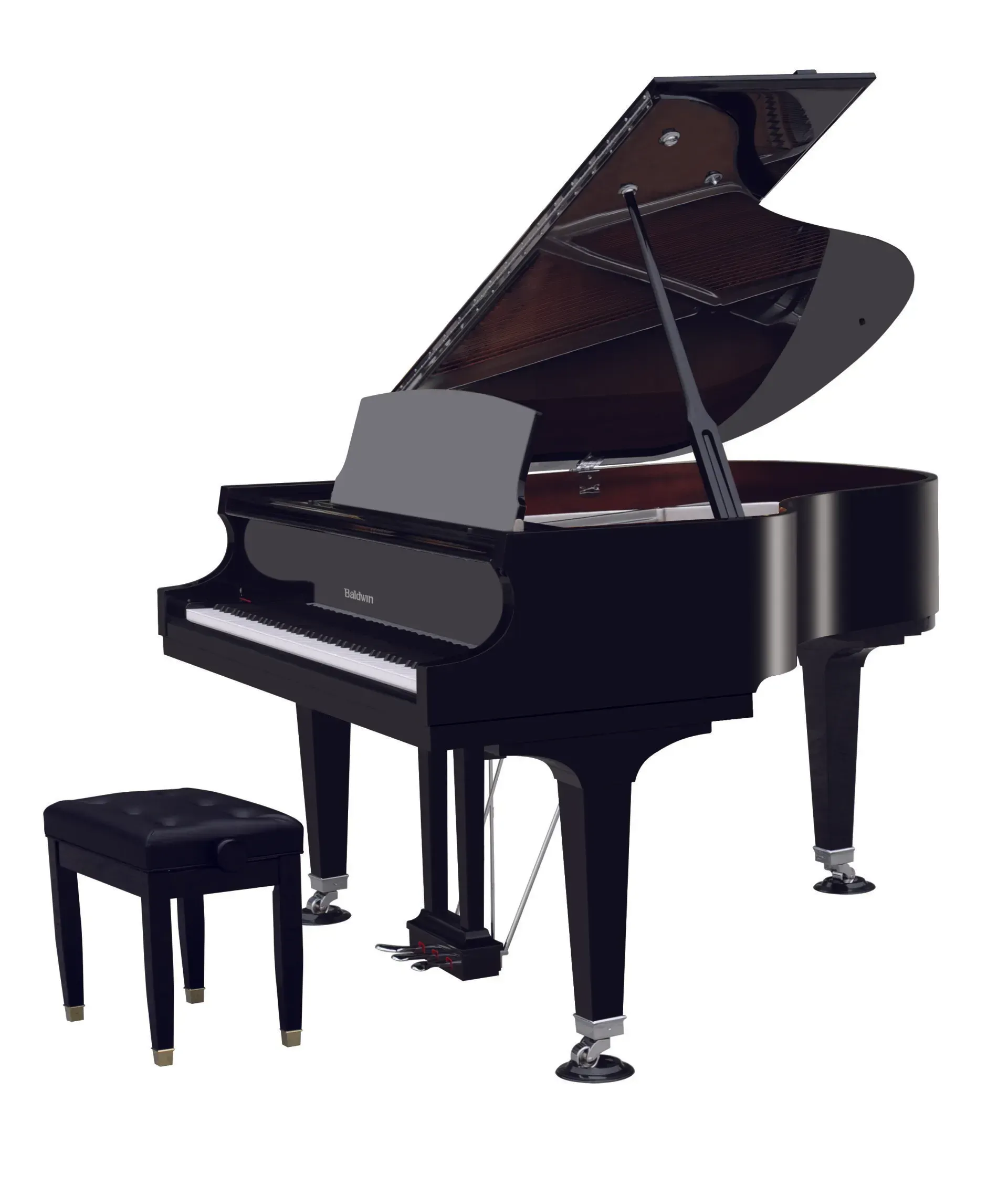 A black grand piano with the lid open and a stool next to it