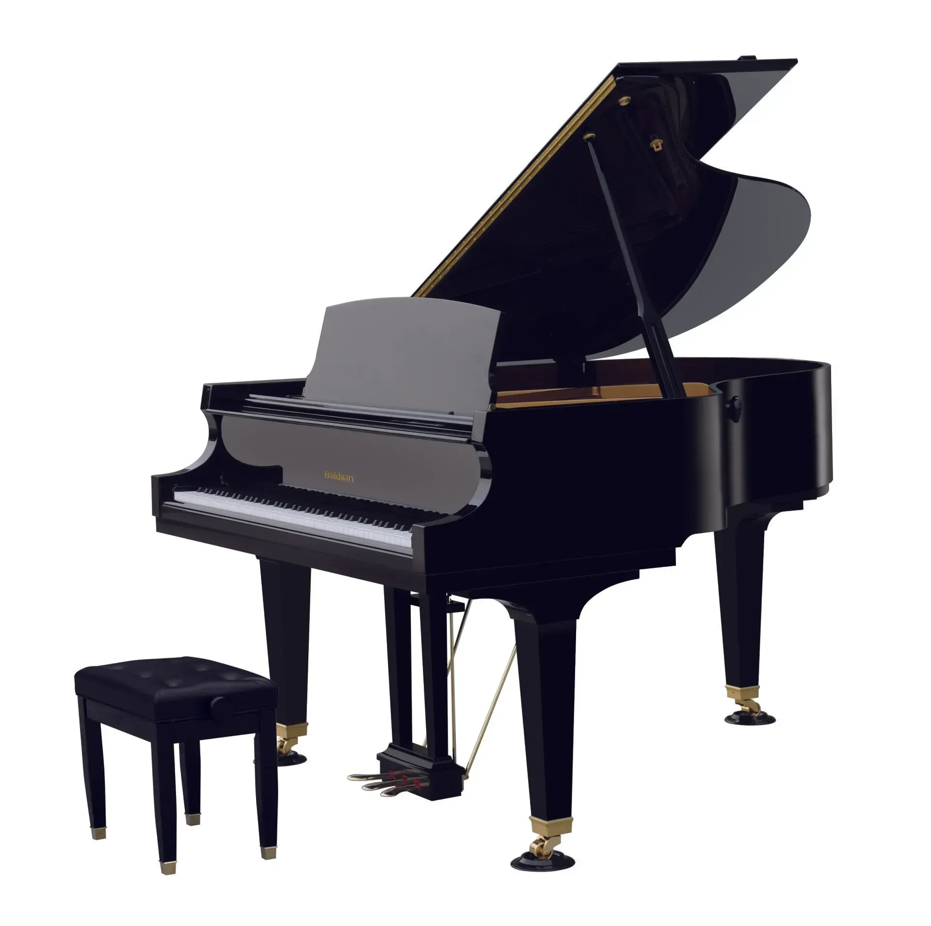 A black grand piano with a stool next to it