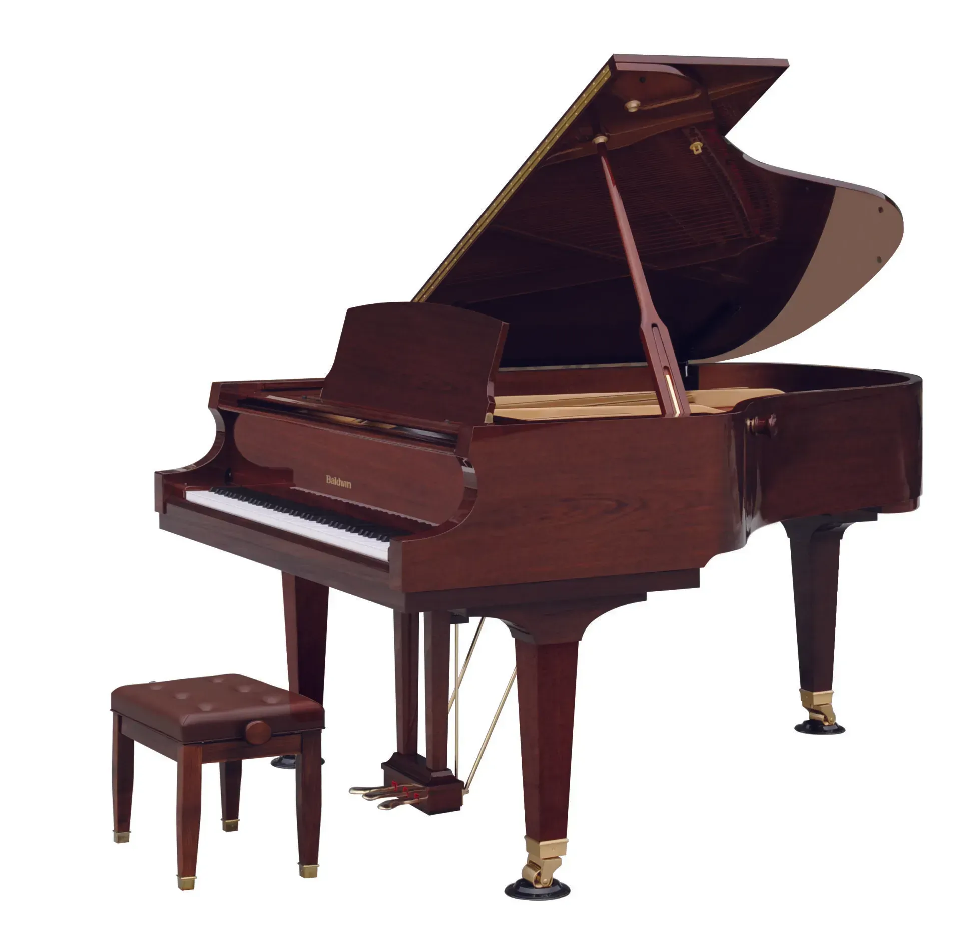 A grand piano with the lid open and a stool next to it