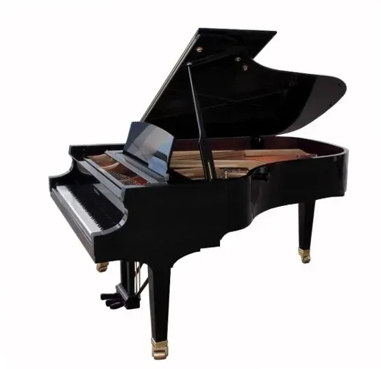 A black grand piano with the lid open on a white background