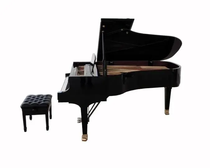 A black grand piano with the lid open and a bench next to it.