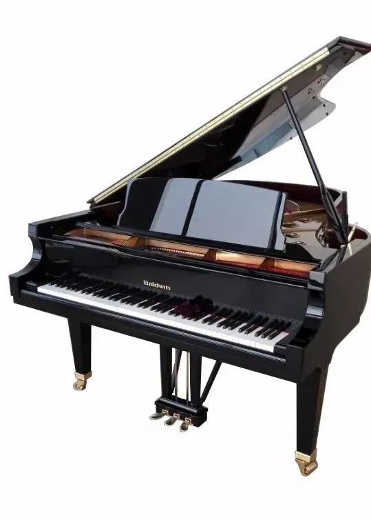 A black grand piano with the lid open on a white background.