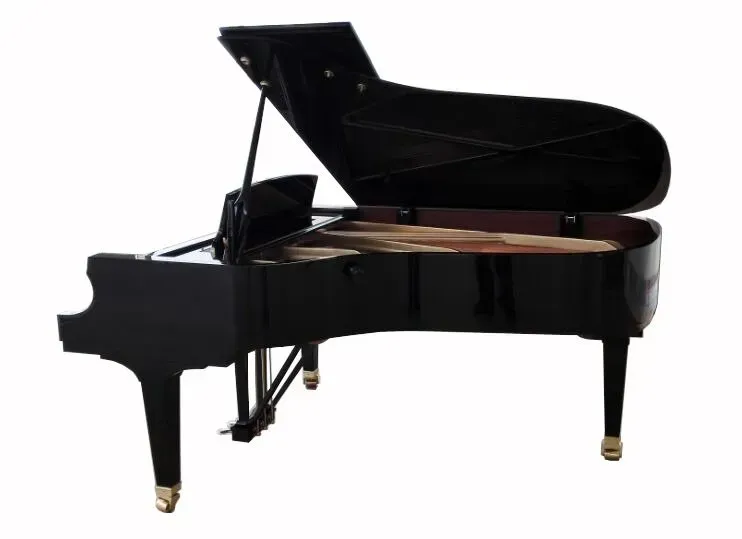 A black grand piano with the lid open on a white background