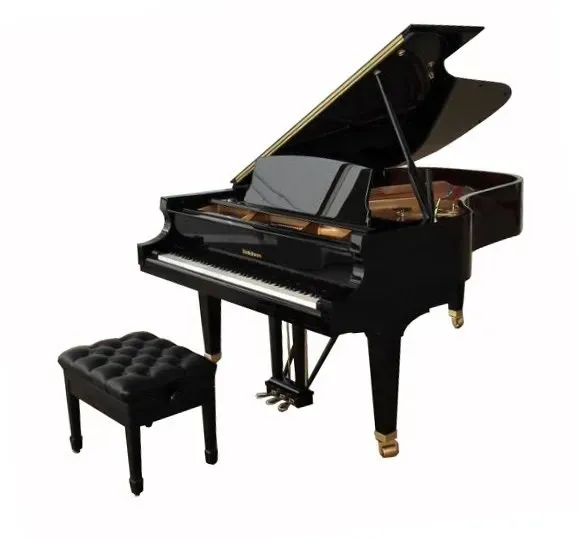 A black grand piano with a stool next to it