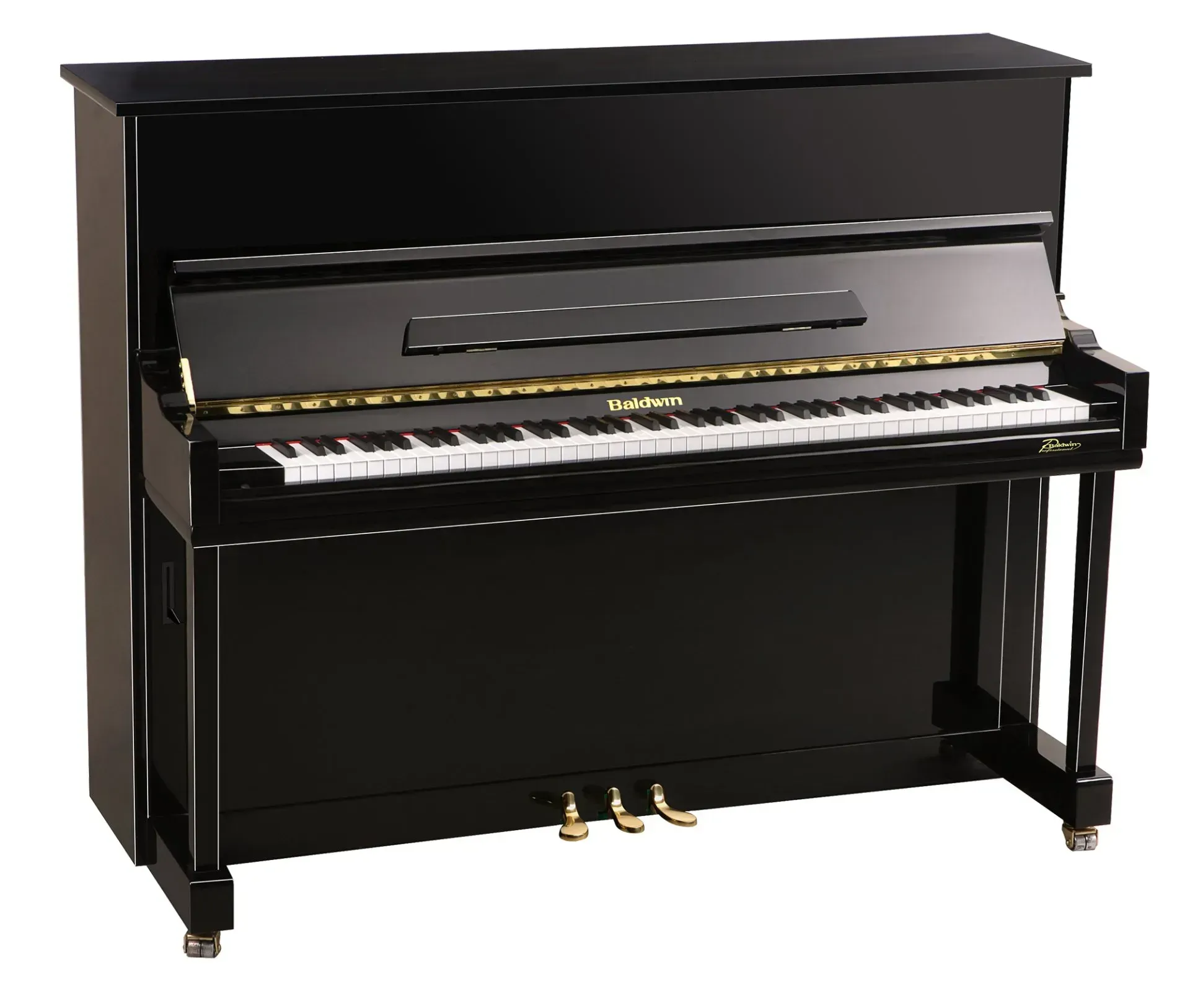 A black upright piano with gold keys and pedals