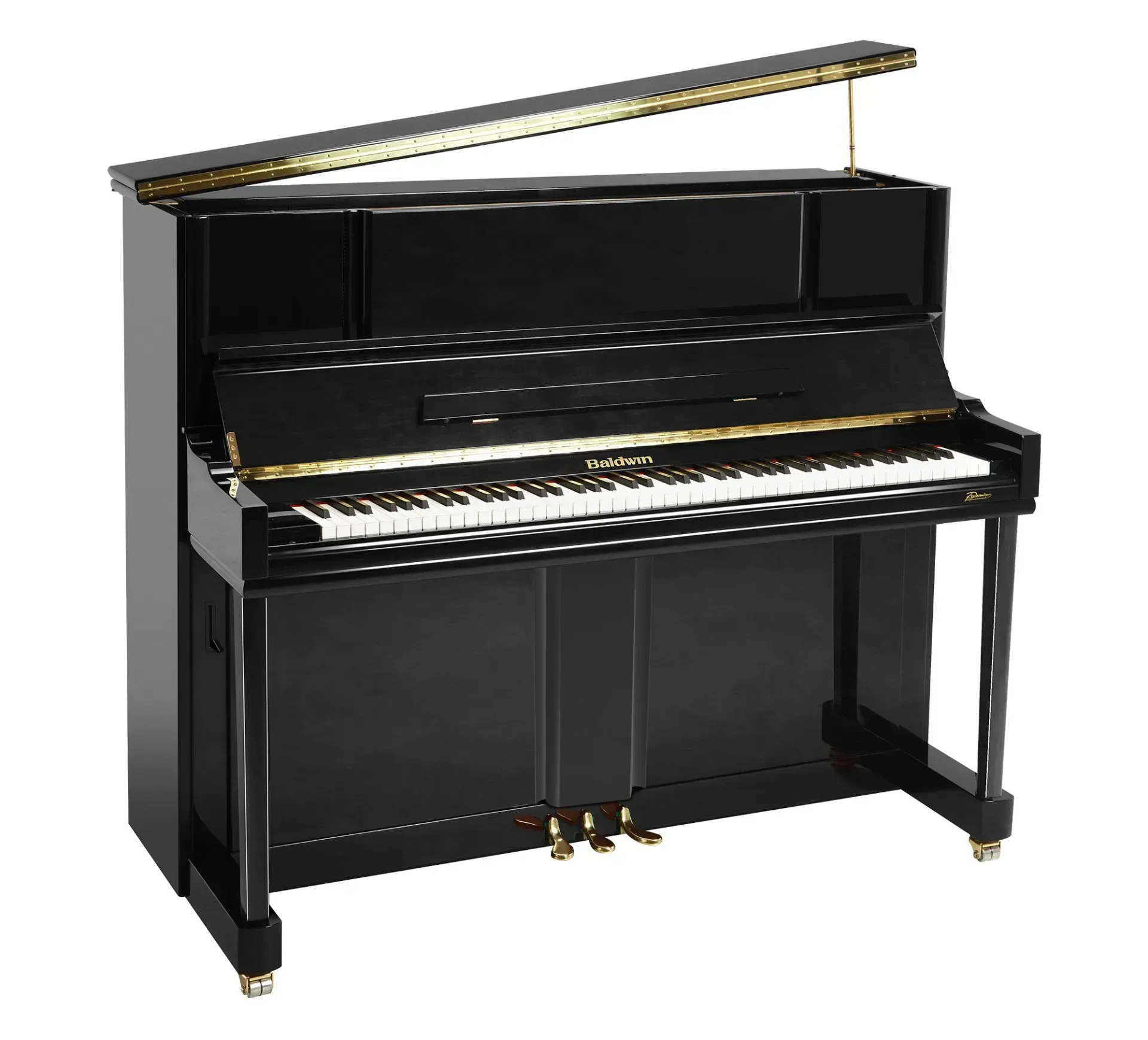 A black upright piano with the lid open on a white background.