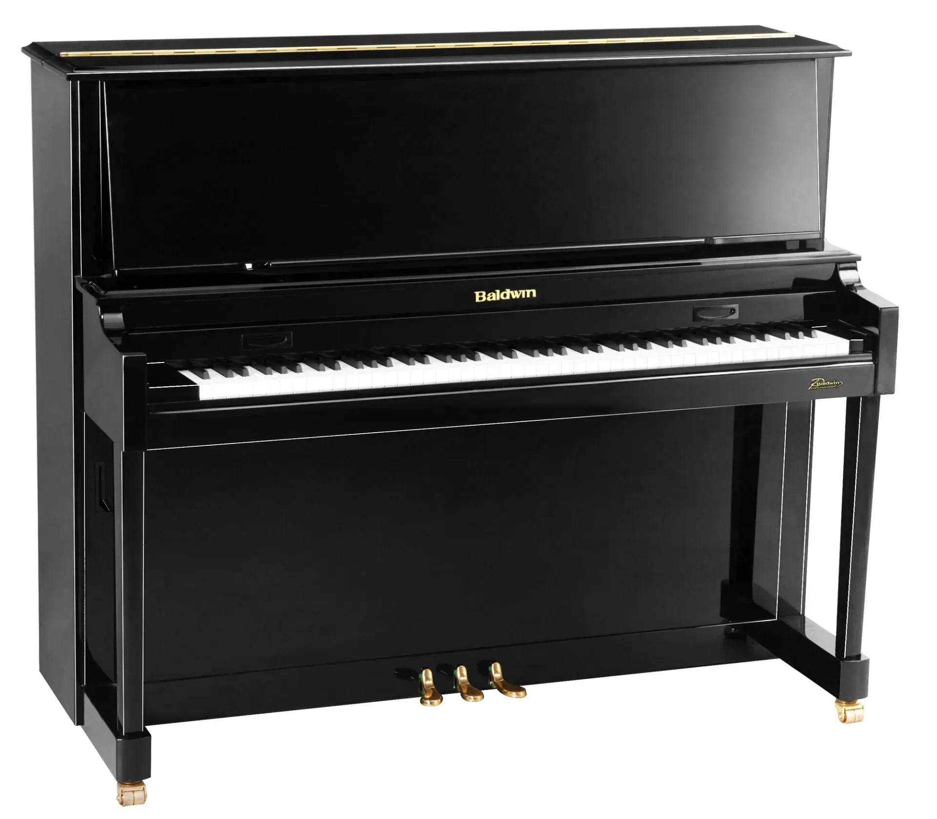 A black upright piano with white keys on a white background.