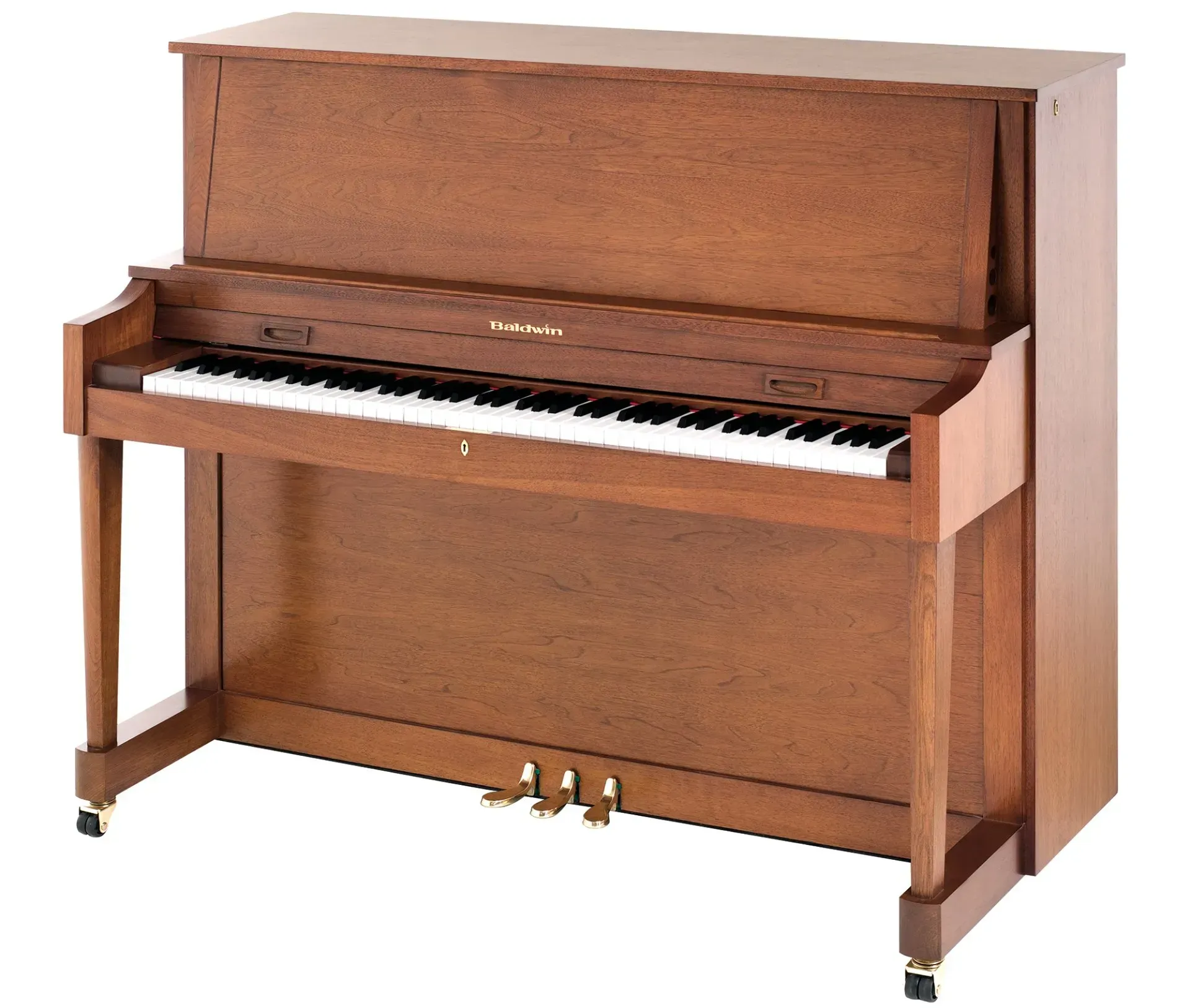 A brown piano with white keys on a white background