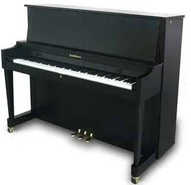 A black upright piano with wheels on a white background.