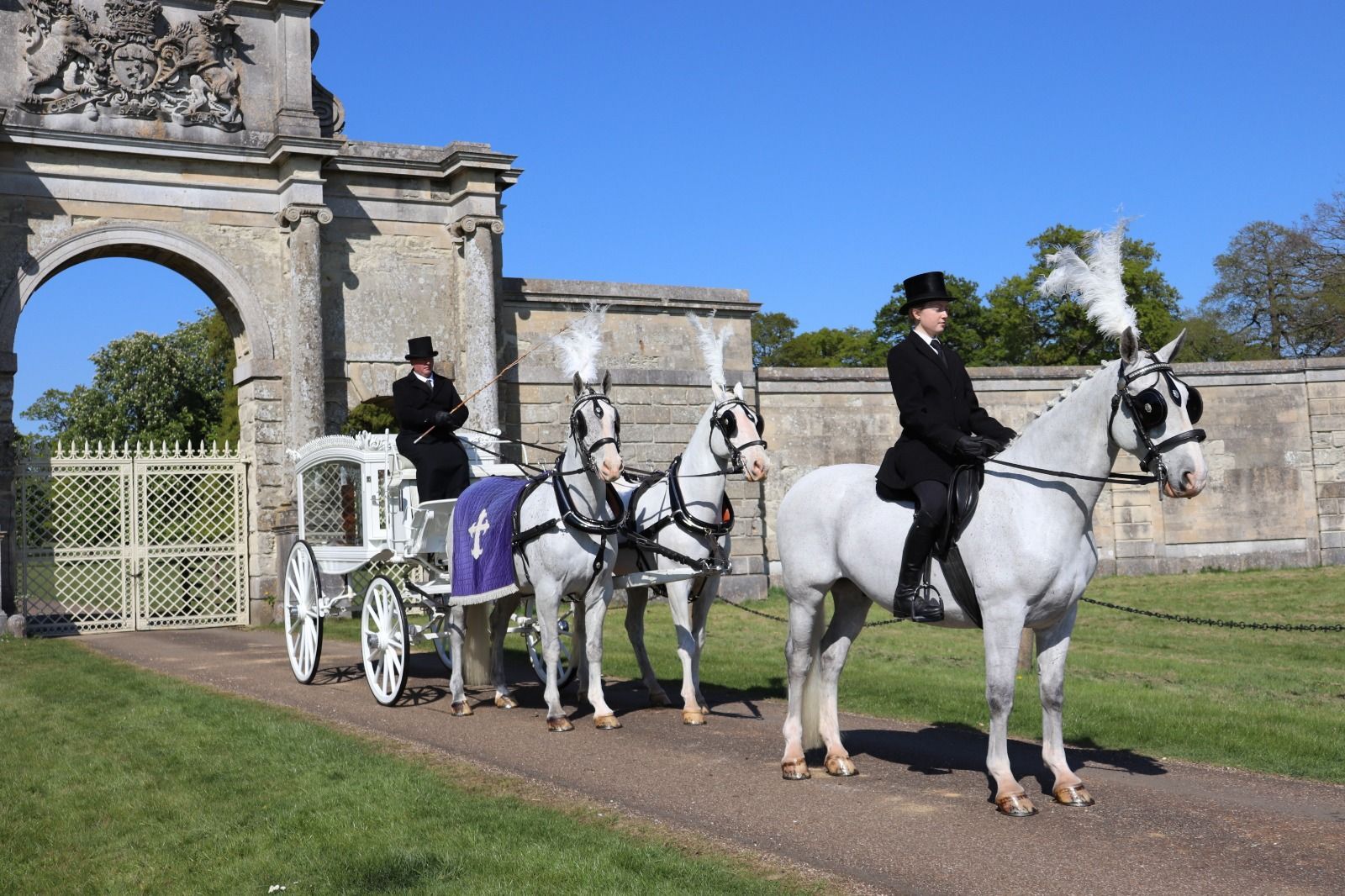 White Funeral Coach with Grey (White) Horse Couple With Outrider