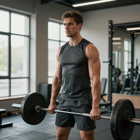 Man lifting a barbell in a bright gym, wearing a dark sleeveless shirt and shorts at 360 image fitness gym in watkinsville ga