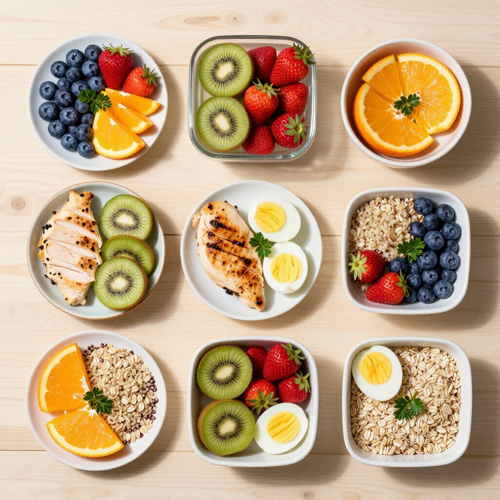 Overhead view of colorful meal prep bowls with fruit, chicken, eggs, and grains on a light table for 360 image fitness gym