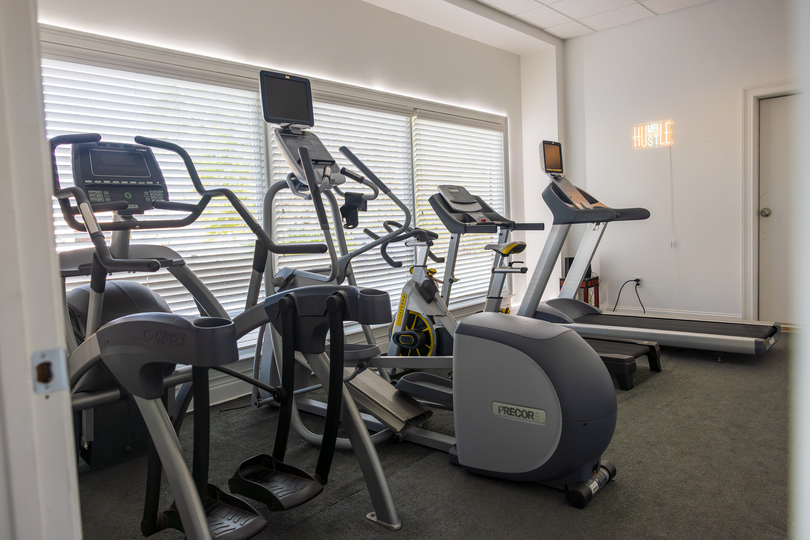 Gym room with treadmills, ellipticals, and other cardio equipment by large windows in 360 image fitness gym