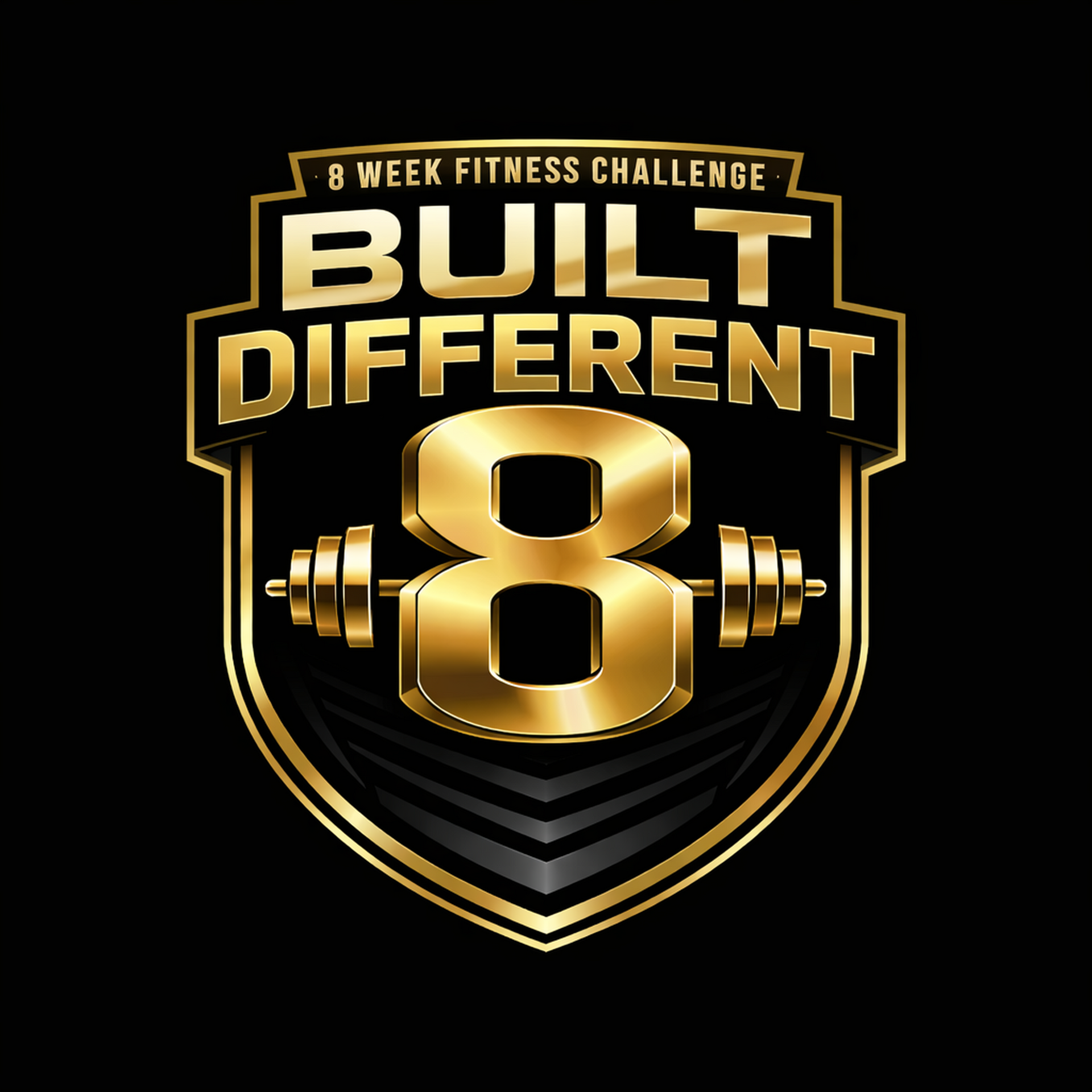 Trey Johnson's 360 image fitness Built Different: 8 Week Fitness Challenge by Trey logo in gold with a black background