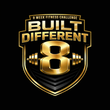 360 image fitness trainer Trey Johnson's Built Different: 8 Week Fitness Challenge logo in gold with a black background