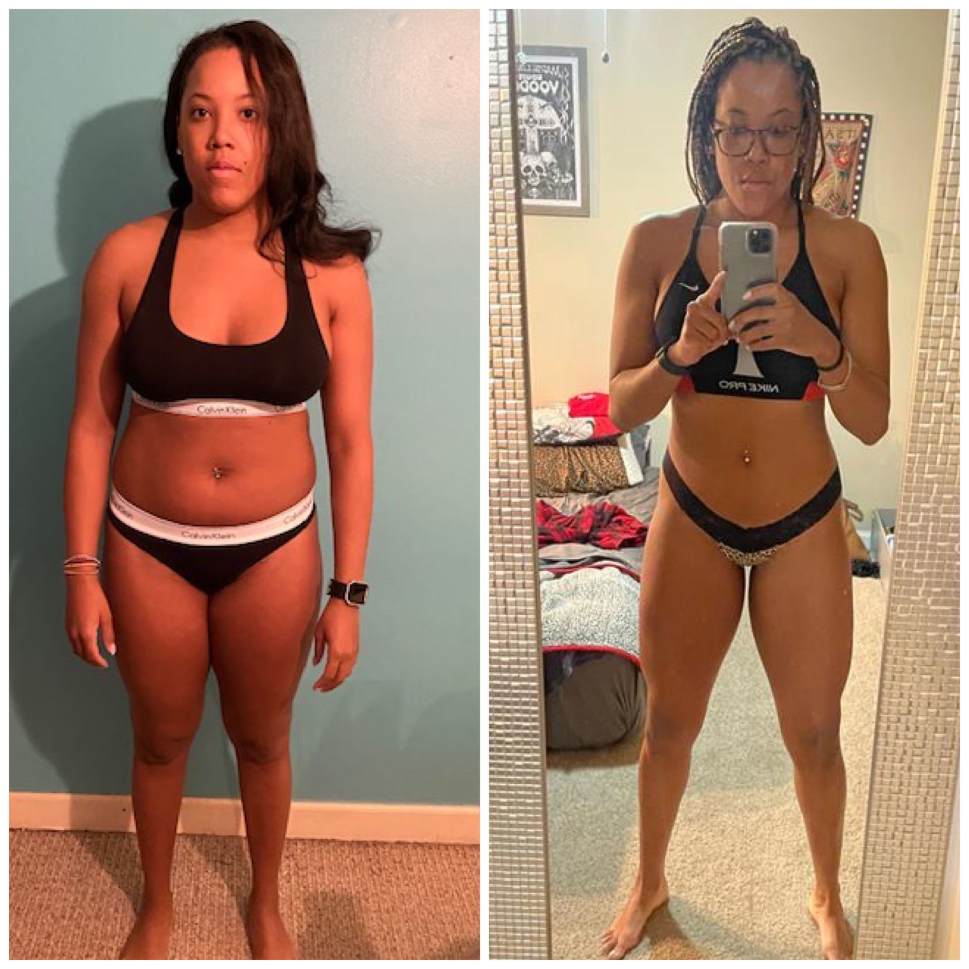 Before-and-after mirror selfie in black sportswear, showing weight-loss progress at 360 Image Fitness in Watkinsville, GA