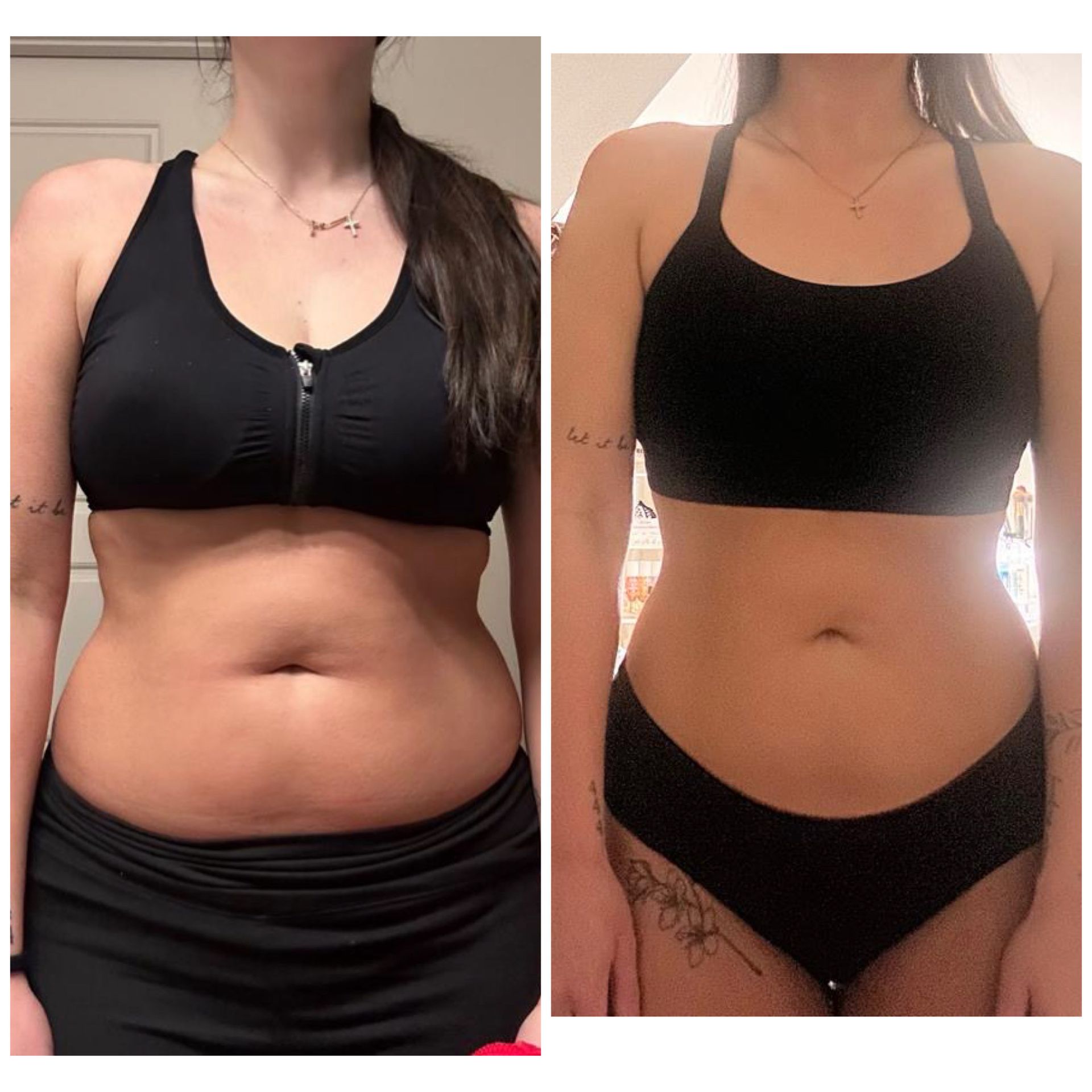 Side-by-side torso photos in black sportswear, showing a before and after photo of a 360 Image Fitness client transformation