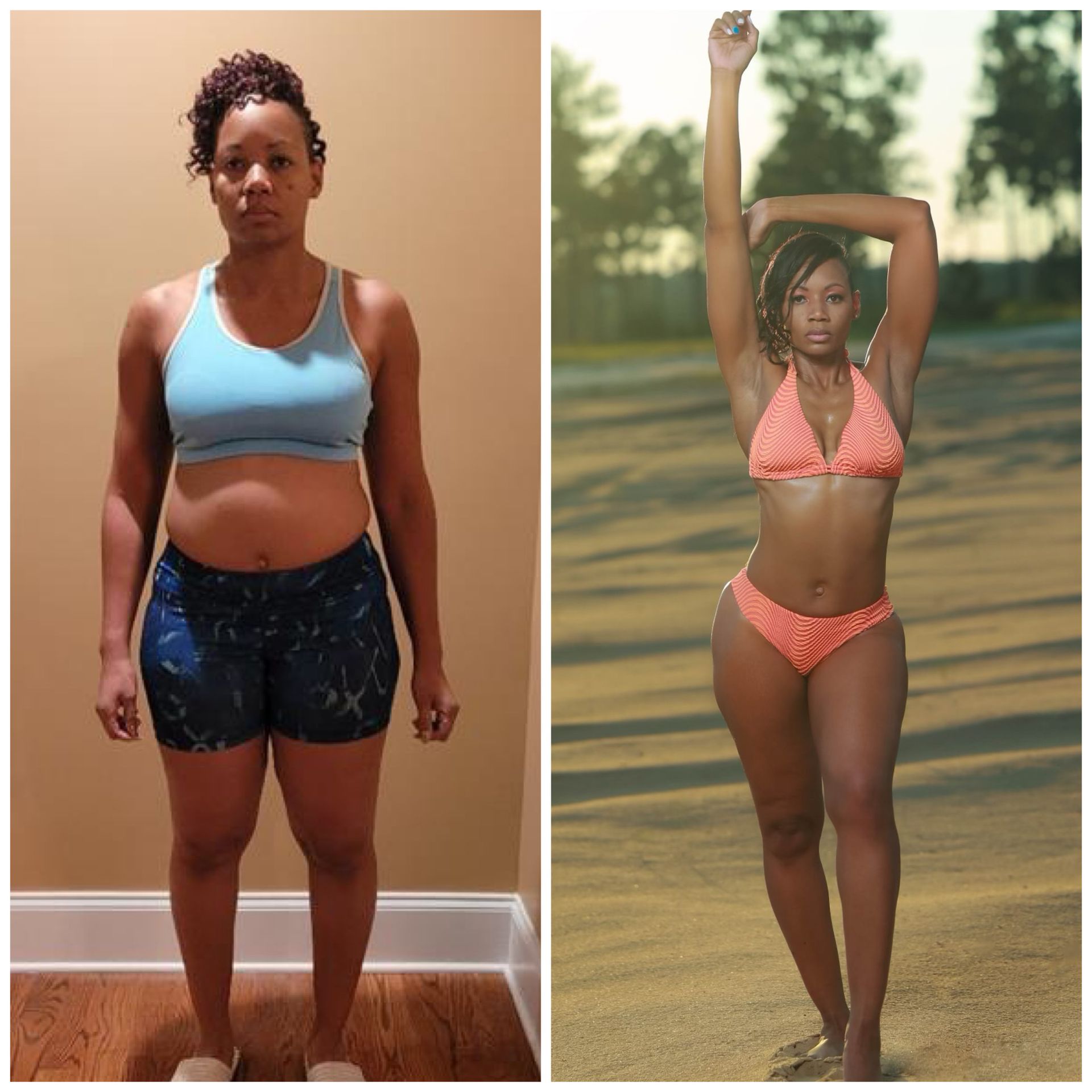 Same woman standing indoors, then in coral bikini on a beach with arms raised showing a before and after fitness photo