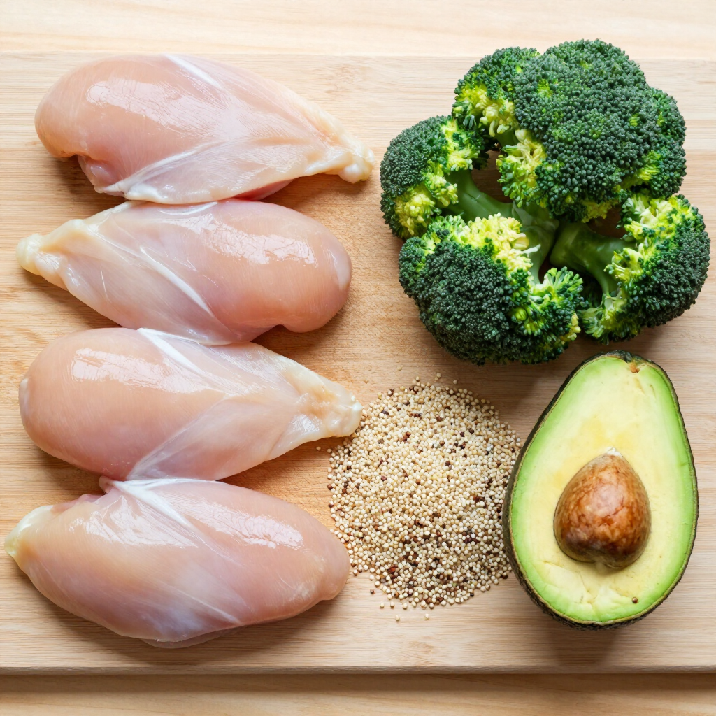 Raw chicken breasts with broccoli, avocado, and quinoa on a wooden cutting board for 360 image fitness gym nutrition planning
