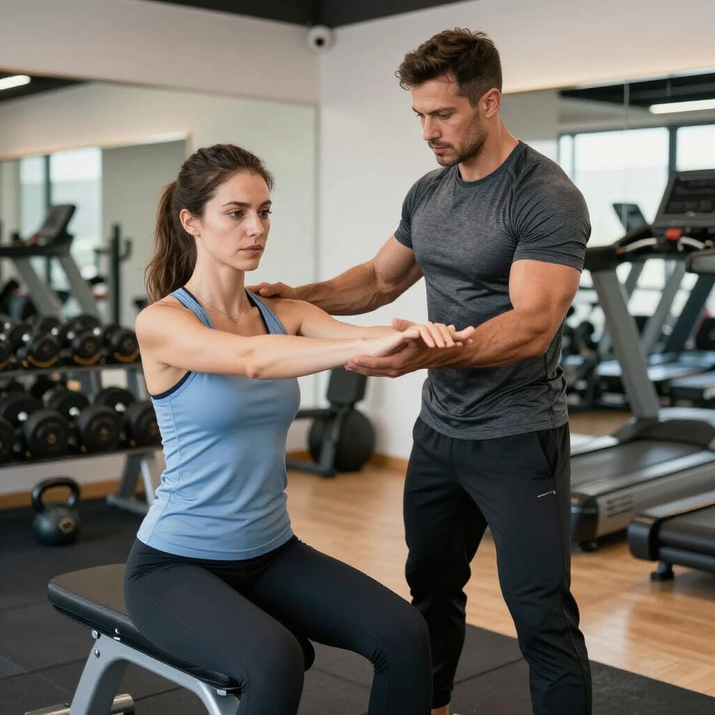 360 image fitness trainer assisting a female client with balance strengthening at 360 image fitness gym in watkinsville ga