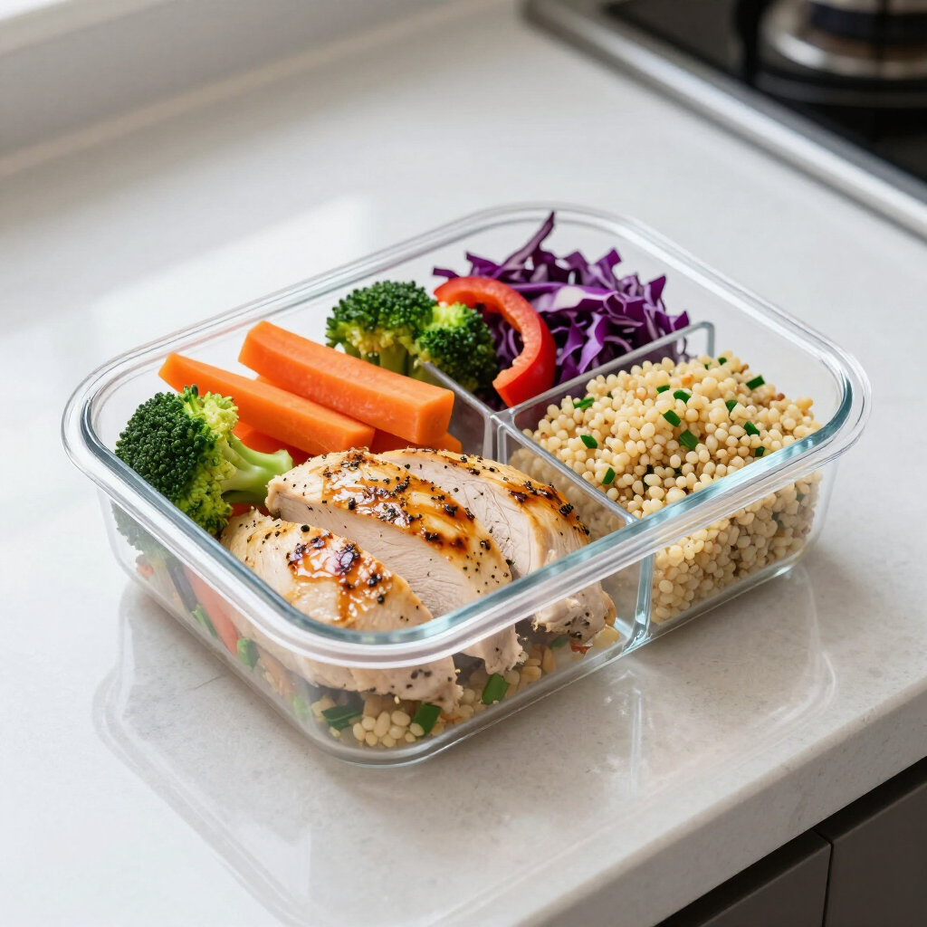 Meal prep container with chicken, quinoa, broccoli, carrots, and purple cabbage on kitchen counter for 360 image fitness gym