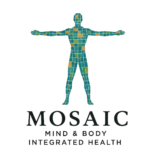 Mosaic Mind and Body Integrated Health Mosaic logo: Human figure formed of colorful squares, arms outstretched. Below: