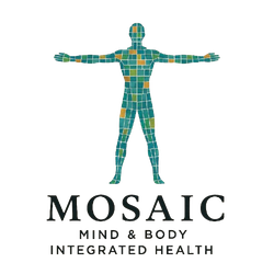 Mosaic Mind and Body Integrated Health Mosaic logo: Human figure formed of colorful squares, arms outstretched. Below: