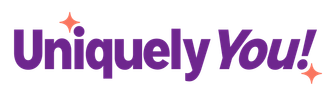 Purple “Uniquely You!” logo with sparkles on a white background