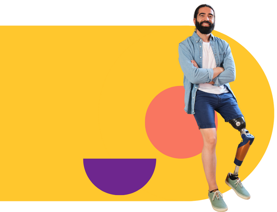 Smiling man with prosthetic leg standing against a yellow background with abstract shapes