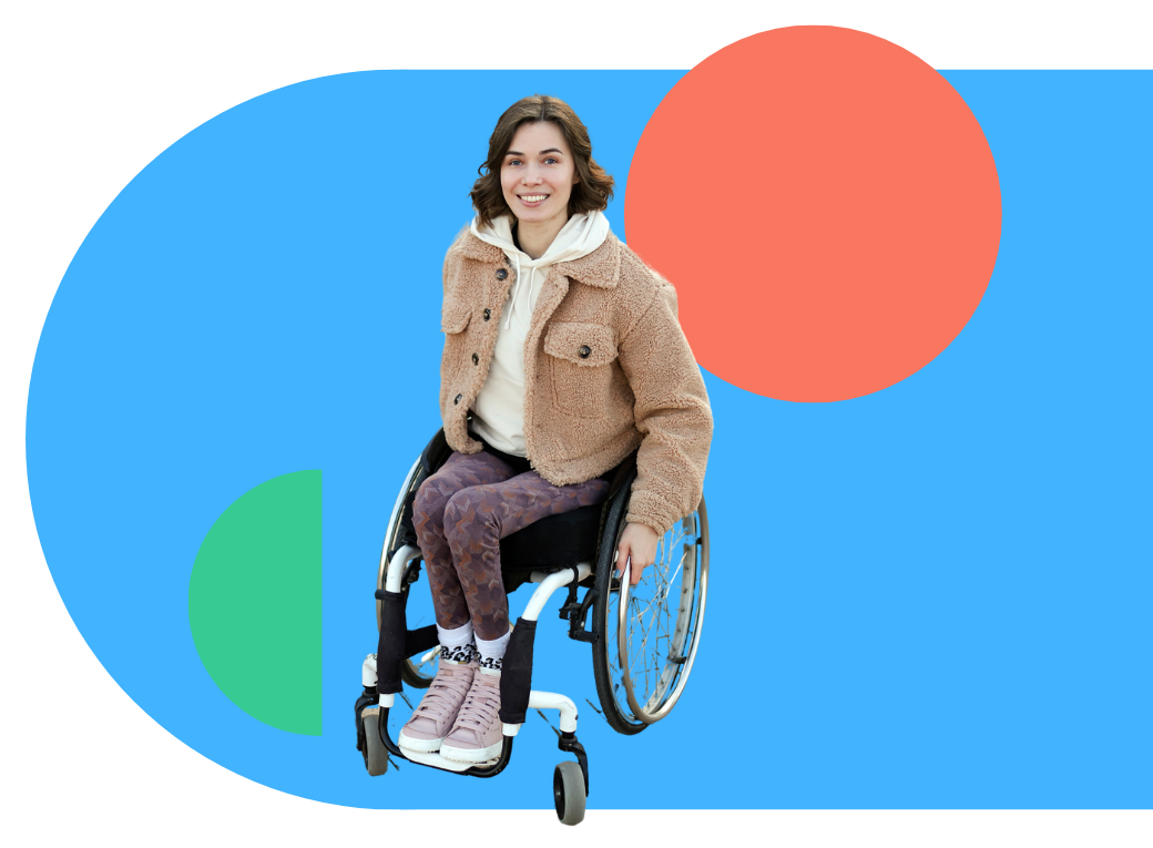 Woman in a wheelchair smiling on a bright blue background with orange and green circles