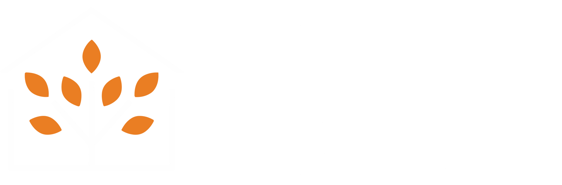 Orange petal-like logo on a white background
