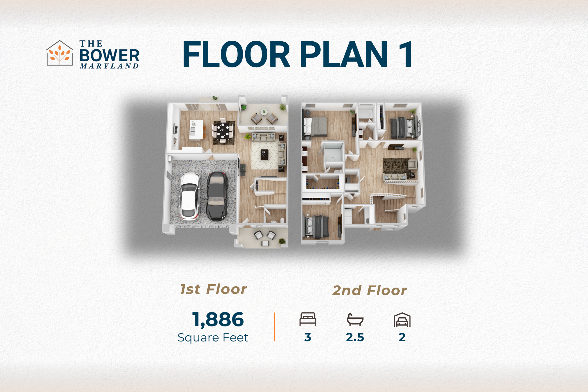 Floor plan 1 with 3 bedrooms, 2.5 baths, 2-car garage, and 1,886 sq ft