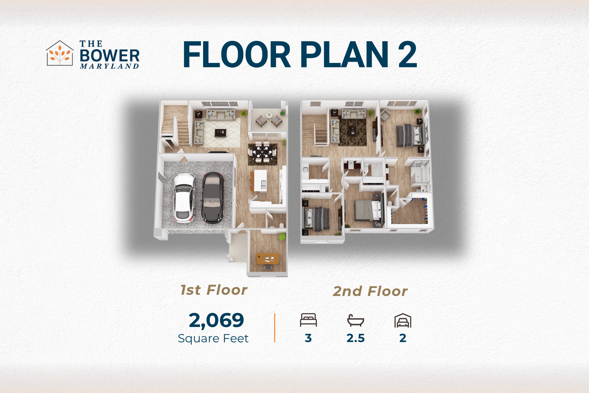 Floor plan 2 listing, 2,069 square feet, with 3 beds, 2.5 baths, and 2-car garage.
