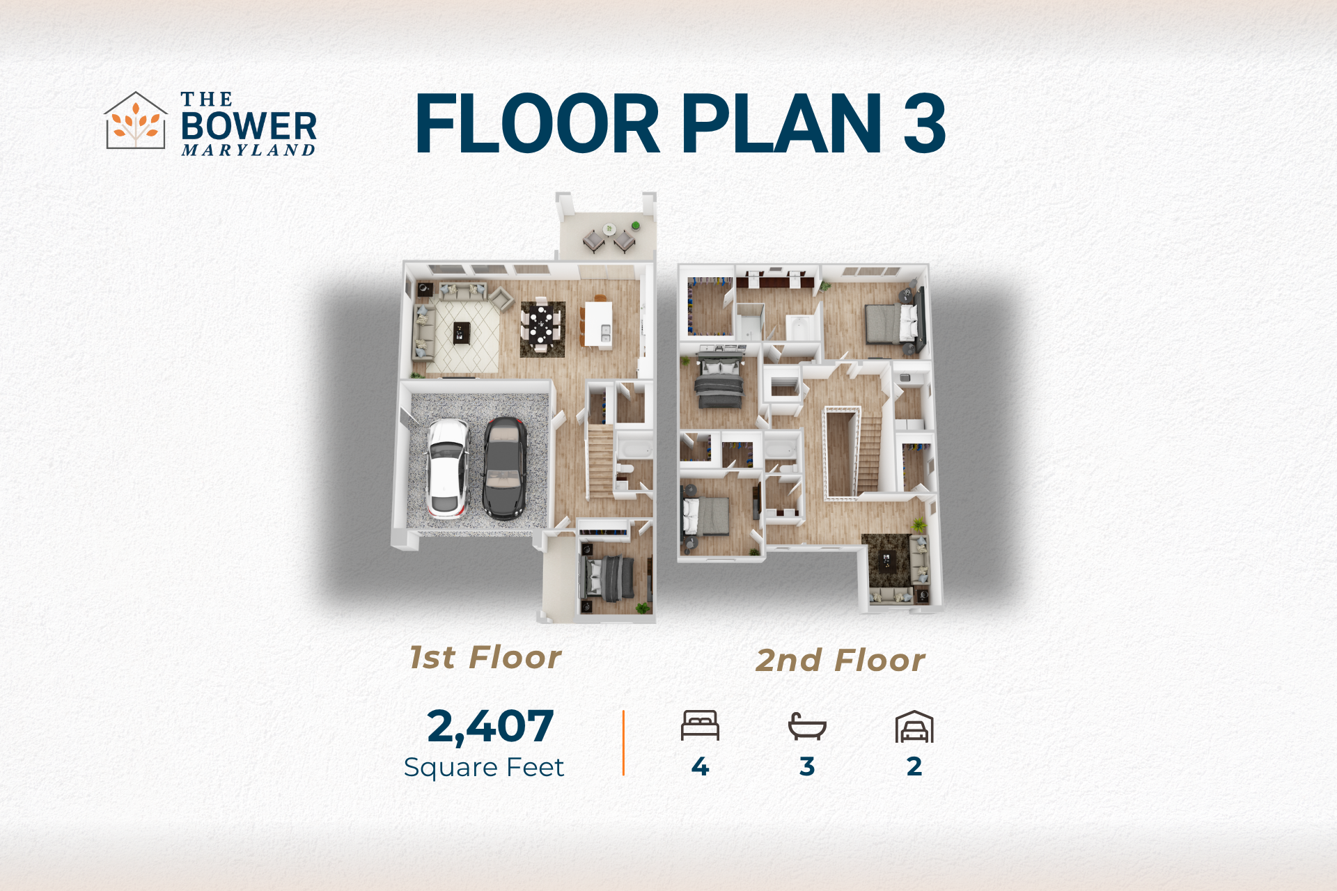 Floor plan 3 showing a 2-story home, 4 beds, 3 baths, and 2-car garage