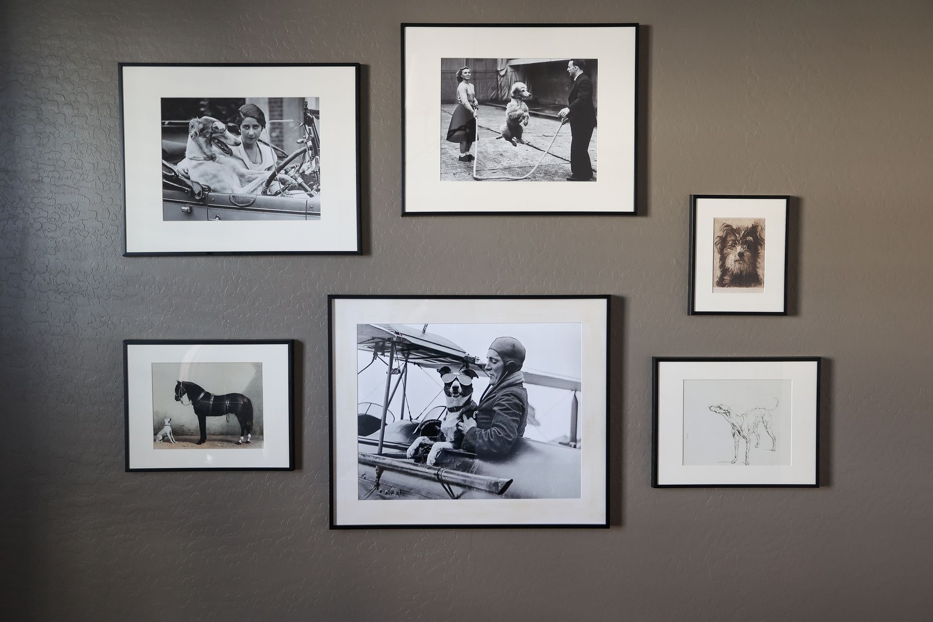 Five black-framed black-and-white photos arranged on a gray wall.