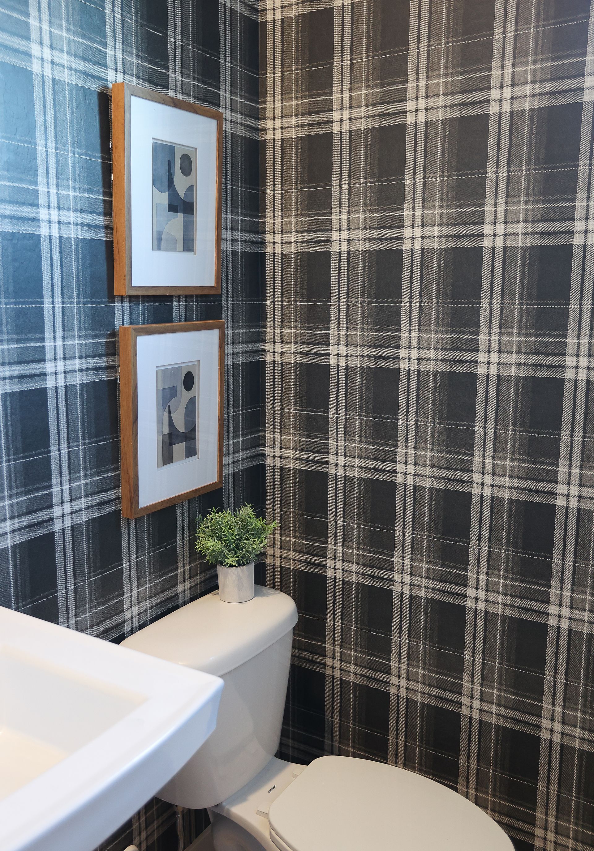 Small bathroom corner with plaid wallpaper, framed art, toilet tank, potted plant, and sink edge.