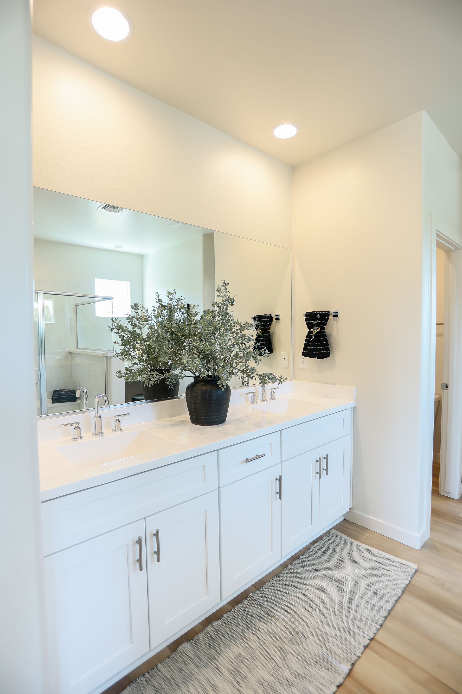 Bright bathroom vanity with mirror, white cabinets, potted plant, and patterned rug in a clean, modern space