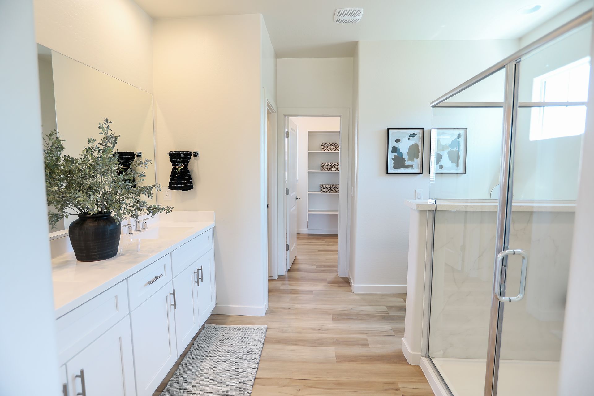 Bright bathroom with white vanity, wood flooring, black vase, and glass shower enclosure