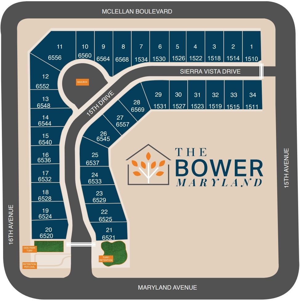Floor plan map for The Bower Maryland apartment community with labeled streets and buildings.