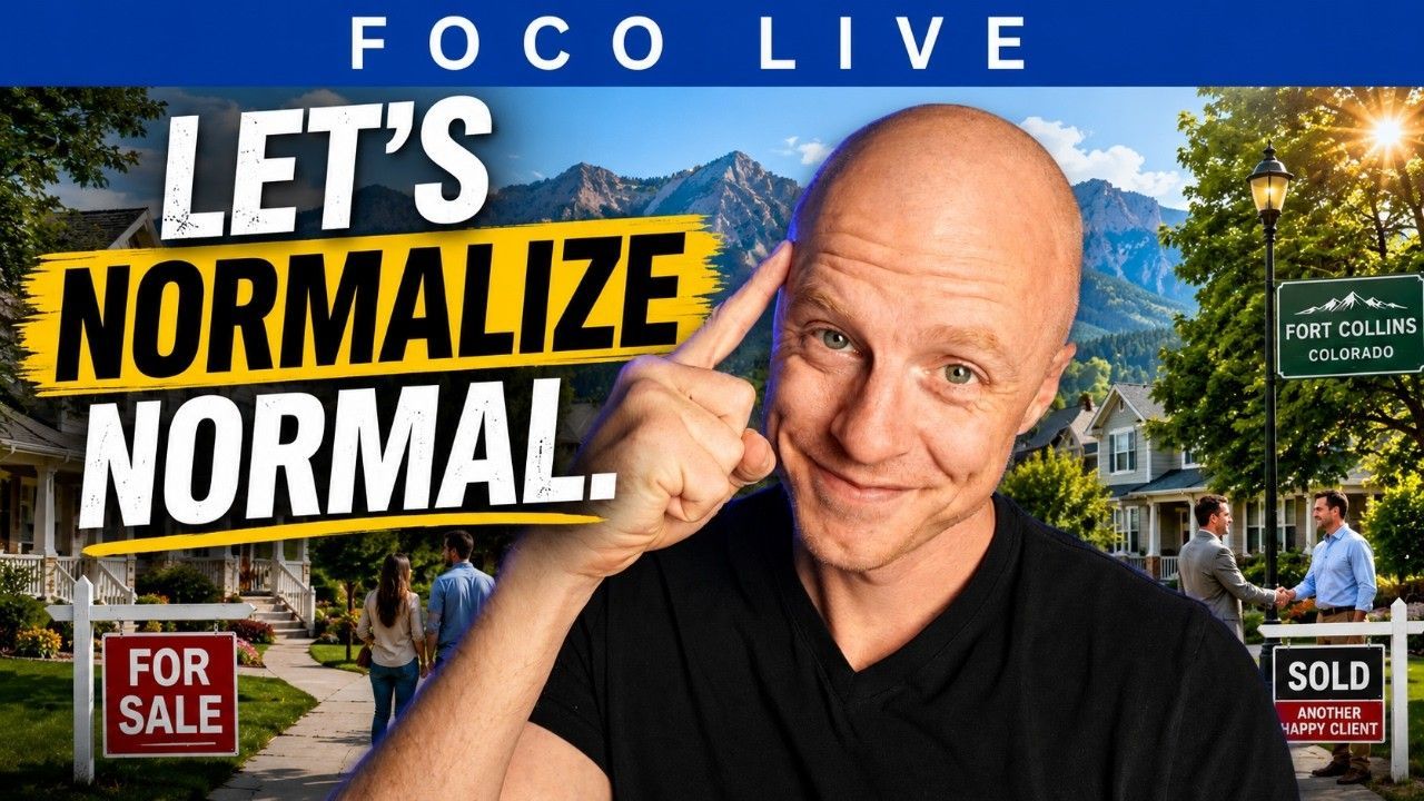 FOCO LIVE thumbnail with bald man pointing at his head, bold text “LET’S NORMALIZE NORMAL,” houses in background