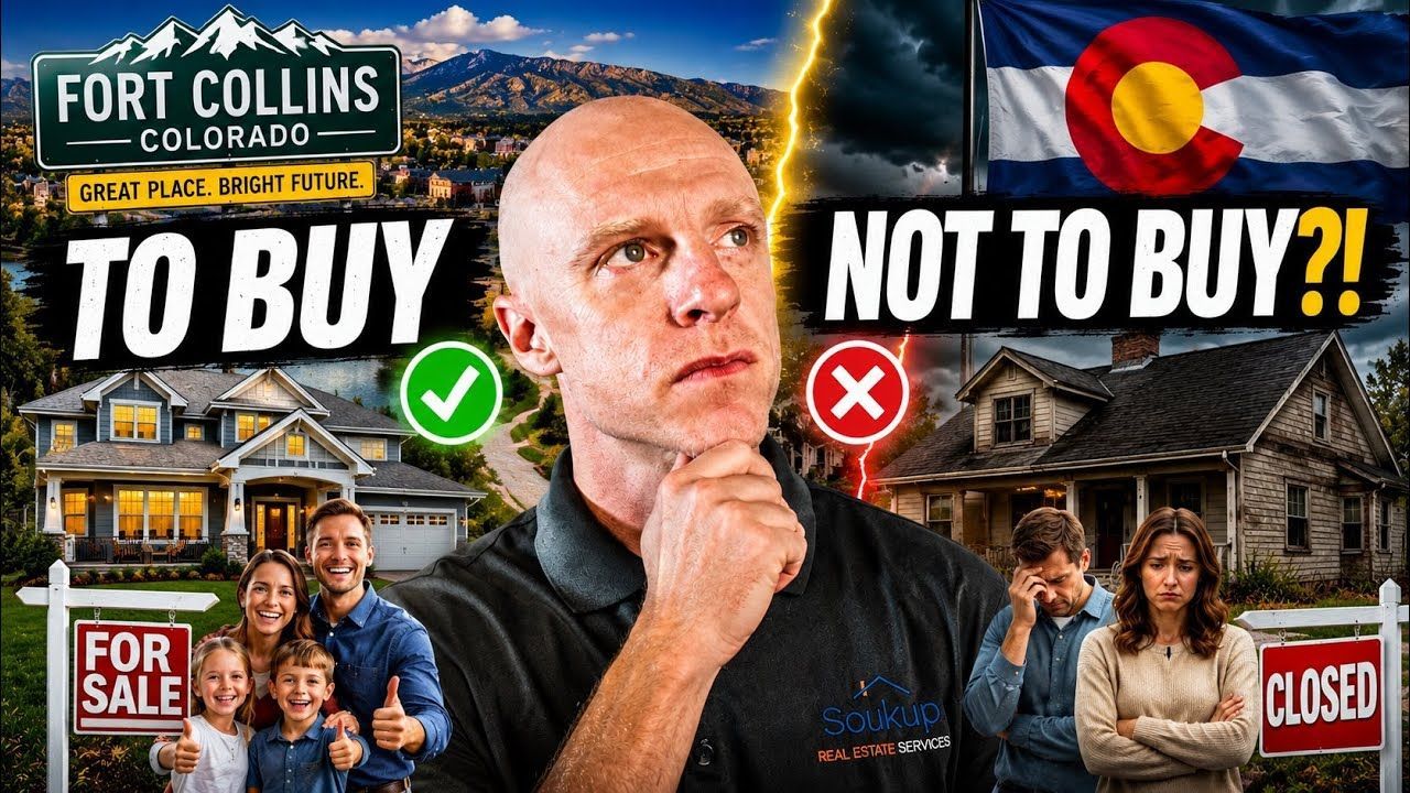 Fort Collins real estate graphic: “To Buy” vs “Not to Buy?!” with man in center and house photos on both sides