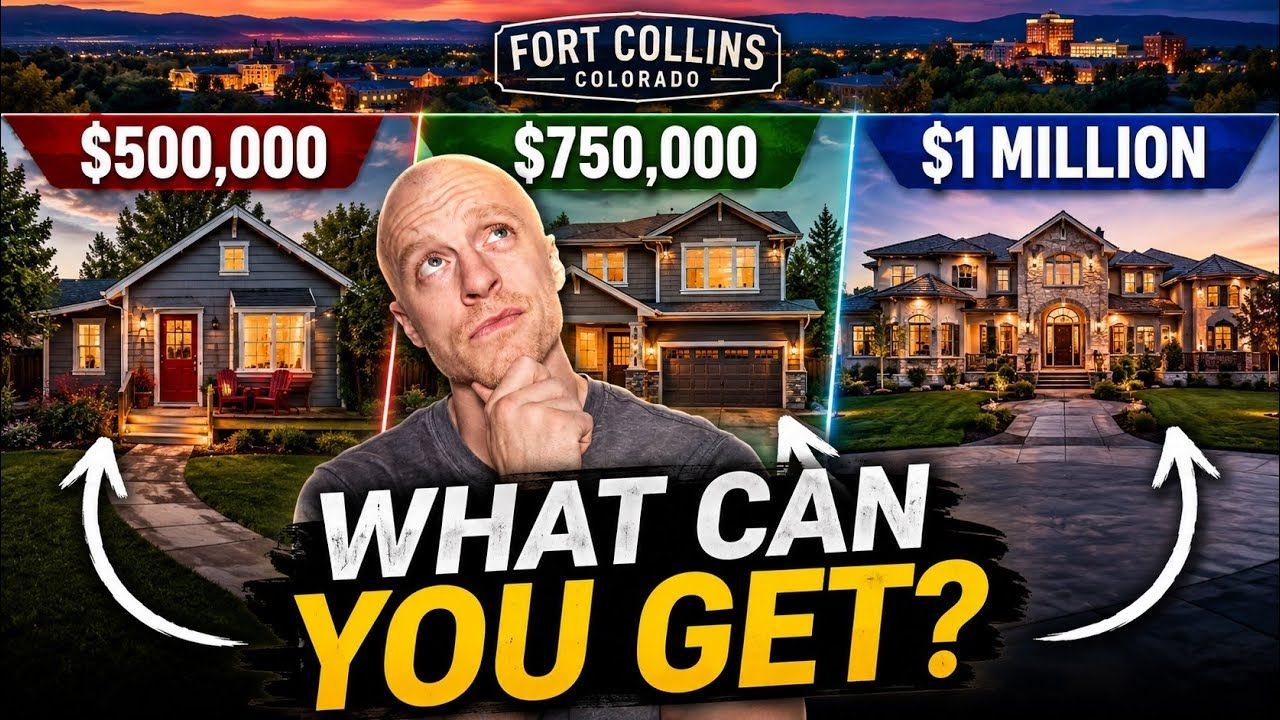 Fort Collins home comparison graphic with three luxury houses, a man in center, and text “What can you get?”