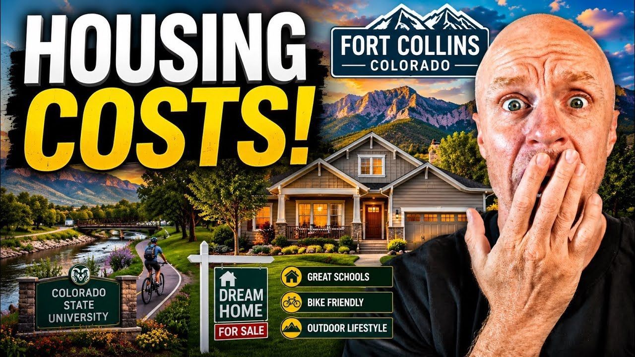 Housing costs in Fort Collins, Colorado, with a shocked man and a house graphic over a mountain backdrop