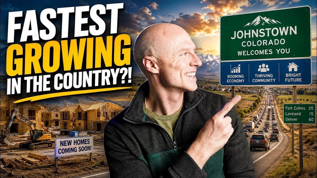 “Fastest growing in the country?!” billboard with a man pointing toward a Johnstown, Colorado highway sign.