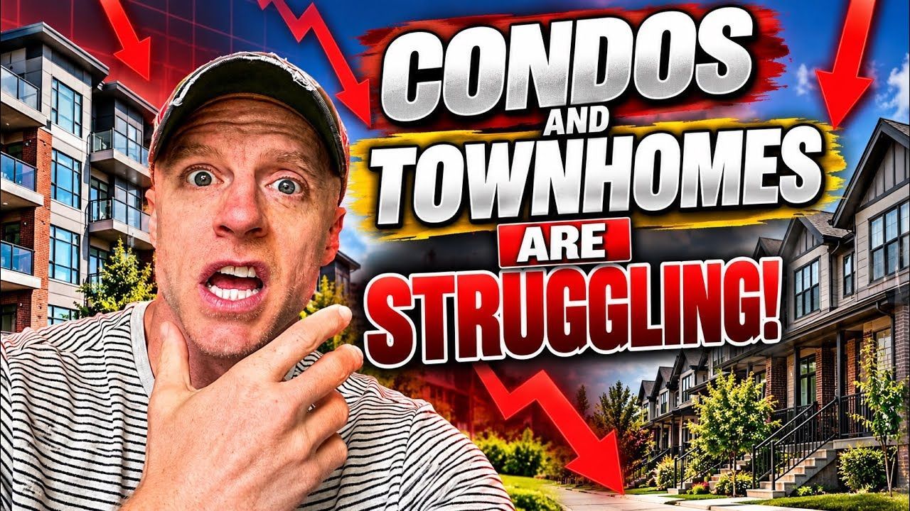 A man with a surprised expression discusses struggling townhomes and condos, with buildings in the background.