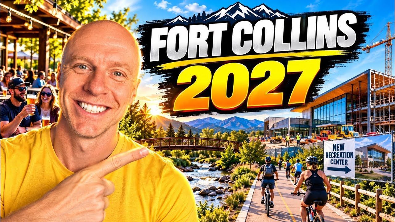 A smiling man in a yellow shirt points towards a scenic view of Fort Collins with mountains and a bike path.