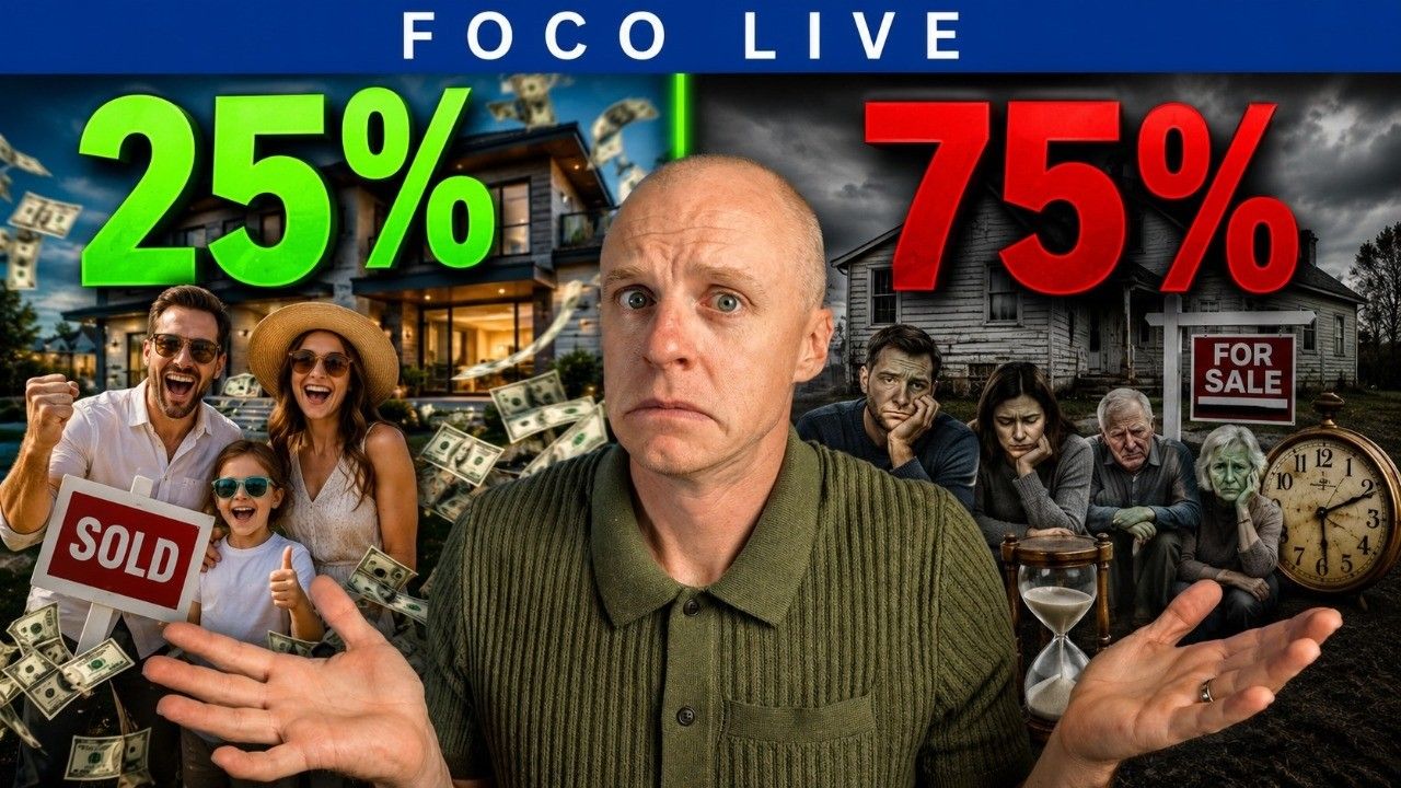 FOCO LIVE thumbnail with 25% in green, 75% in red, and a central man in front of a crowd and sold-home signs